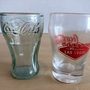 NEW LOT of 2 Coca Cola Glasses - Mini Bell LAS VEGAS & Indiana Glass Green #AF